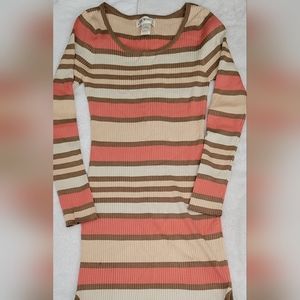 Tan/brown and corral Striped  long sleeve sweater dress size Large Gently used